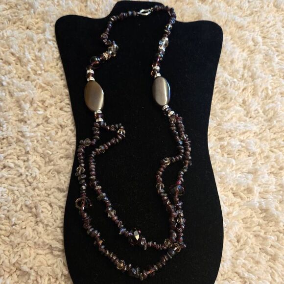 NWOT Stone  Glass Bead Long Necklace Purple Brown - Picture 2 of 8